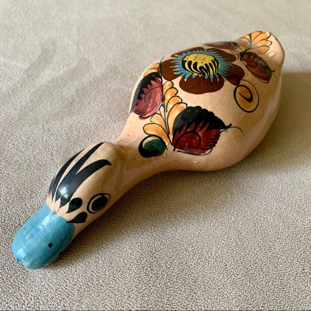 Vintage Mexican Tonala Pottery Hand Painted Duck Hand-painted floral motif